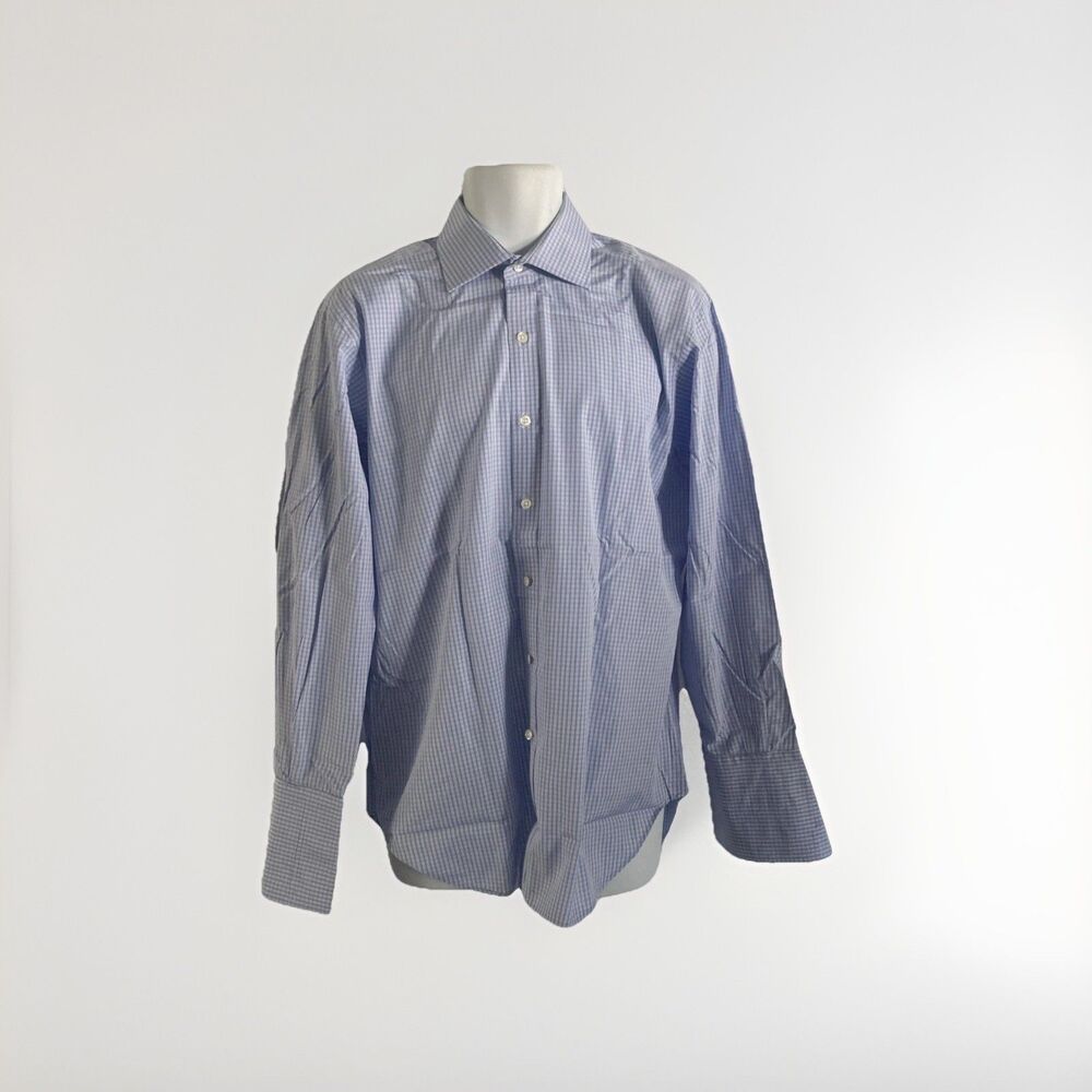 T.M. Lewin Mens Regular Fit Lewin 100 Blue Micro Plaid Check Dress Shirt 16 33